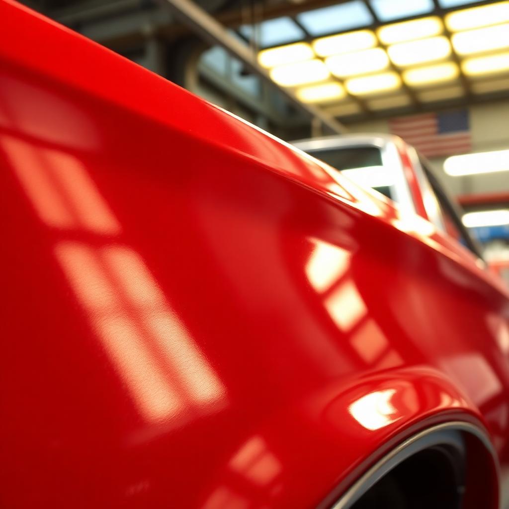 Glossy candy-red classic muscle car fender after custom paint