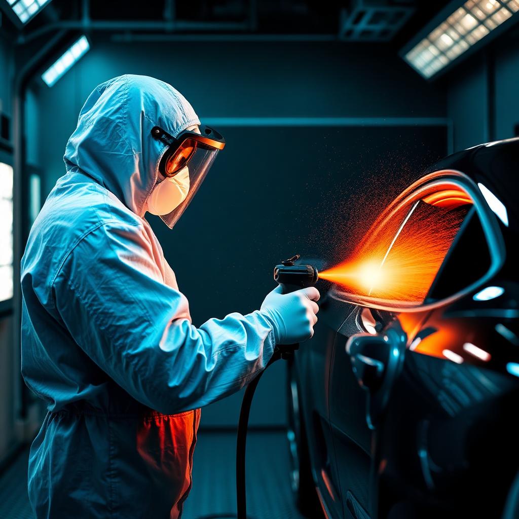Technician spraying a panel inside the sealed paint booth
